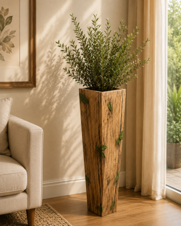 Decoratiuni - Vază decorativă din MDF, model lemn natural cu frunze, 58 cm