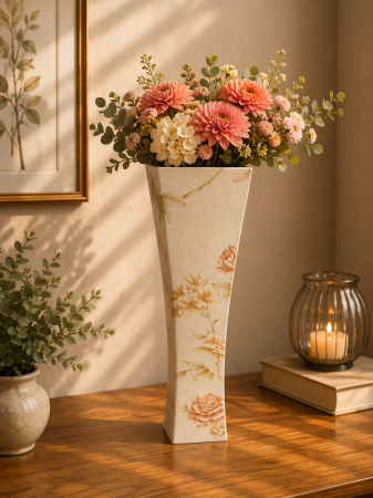 Decoratiuni - Vază decorativă florală, din MDF, 58 cm, crem