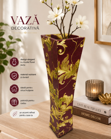Decoratiuni - Vază decorativă cu model auriu si rosu, model floral, MDF, 58 cm