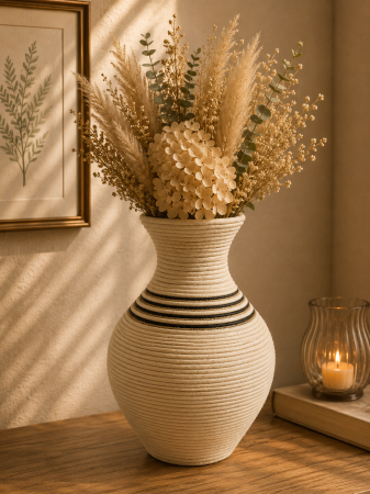 Decoratiuni - Vază pentru flori, din bambus, 25 cm, crem