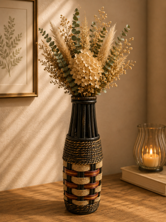 Decoratiuni - Vază pentru flori, din bambus, 35 cm, maro-crem