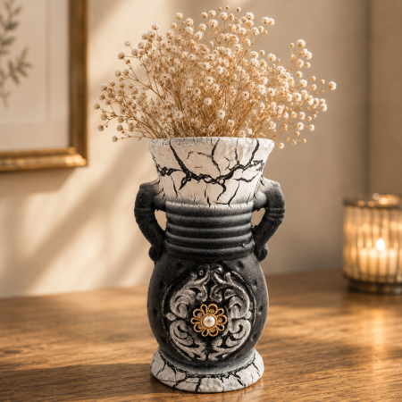 Decoratiuni - Vază pentru flori, din ceramica, model cu toarte si piatra, 20 cm