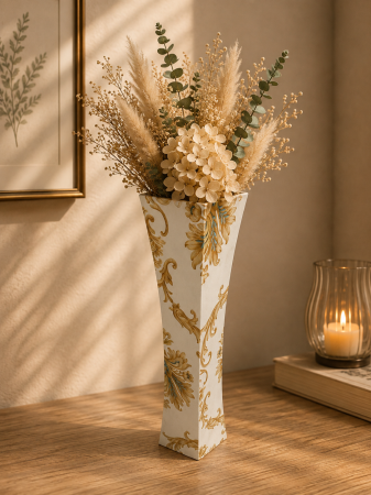 Decoratiuni - Vază pentru flori, din MDF, 58 cm, alb/auriu