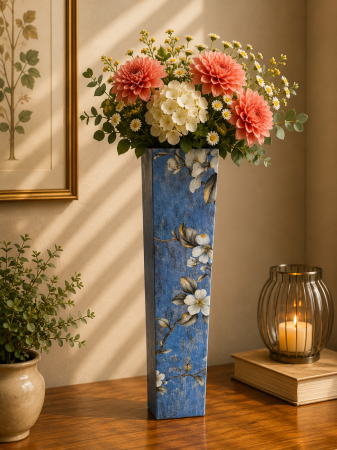Decoratiuni - Vază pentru flori, din MDF, 58 cm, albastru cu flori