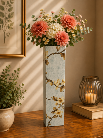 Decoratiuni - Vază pentru flori, din MDF, 58 cm, albastru deschis cu flori