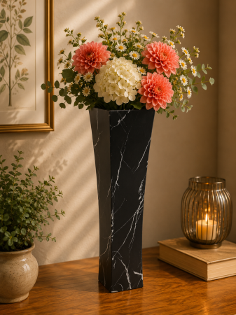 Decoratiuni - Vază pentru flori, din MDF, 58 cm, negru cu linii albe