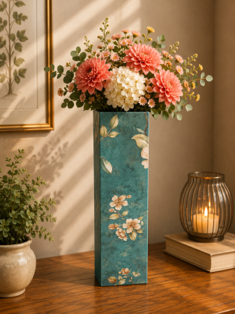 Decoratiuni - Vază pentru flori, din MDF, 58 cm, verde cu flori