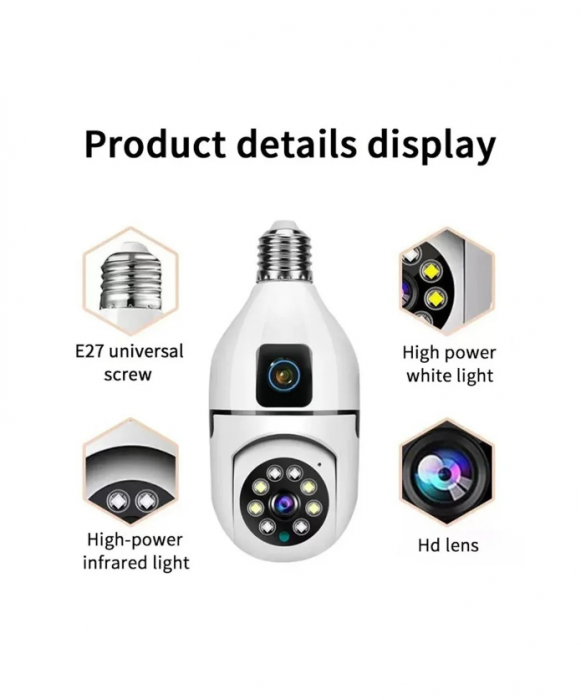 Set 4 x Cameră de Supraveghere Duală Tip Bec Jortan JTZ-9696PROB Wifi , HD  cu Vedere 360°, Full Color , Icsee  [5]