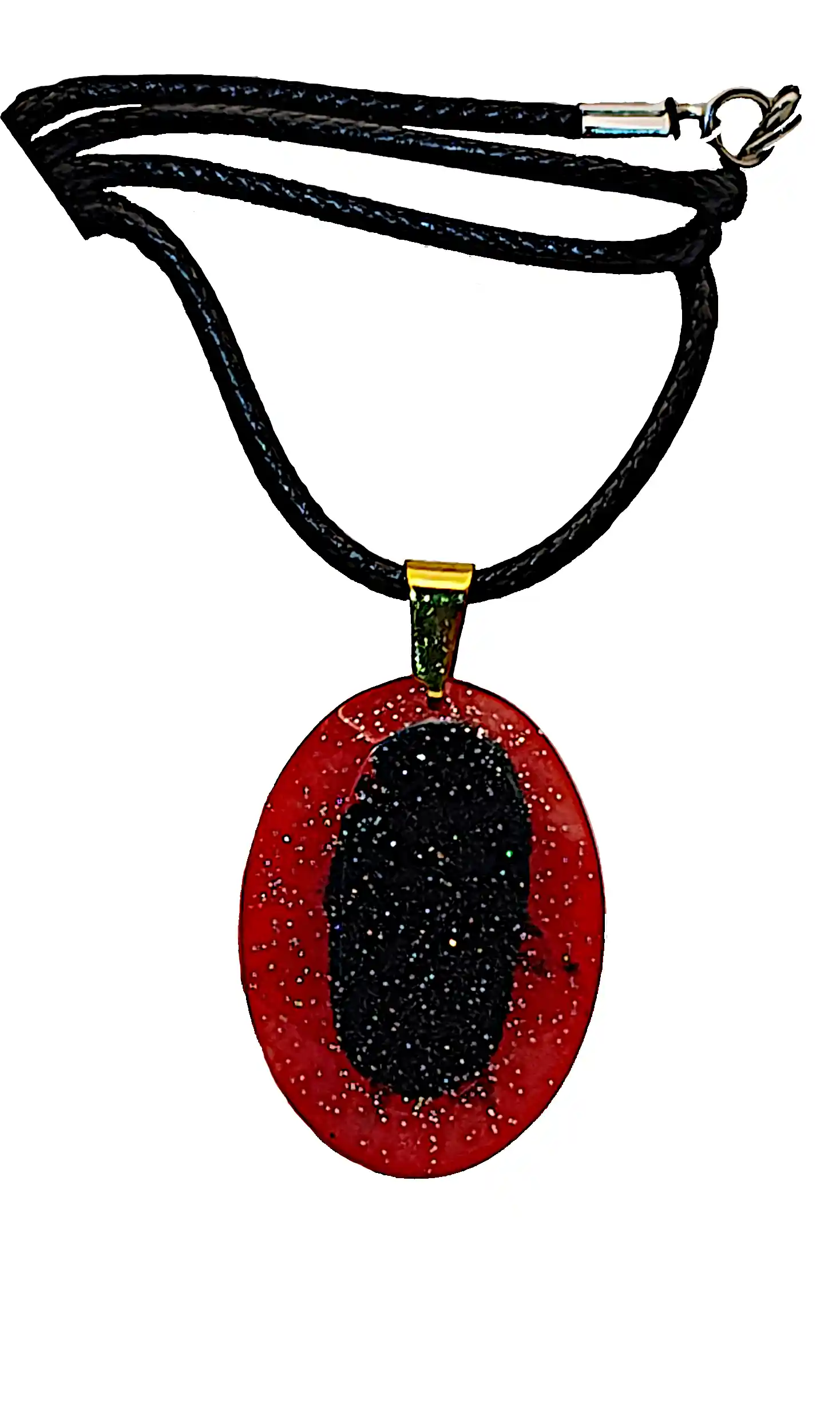 Pandantiv Handmade din Rășină – Oval Roșu Intens cu Inserție Negru Stelar și Sclipici Fin – Model Unicat SM 218 [1]