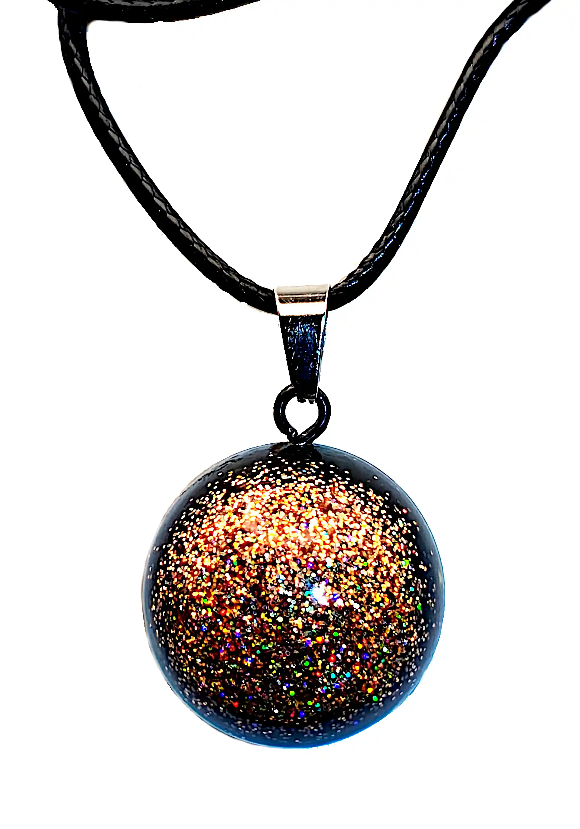 Pandantiv Handmade din Rășină – Sferă Neagră cu Sclipici Multicolor și Prindere Metalică – Model Unicat SM 212 [1]