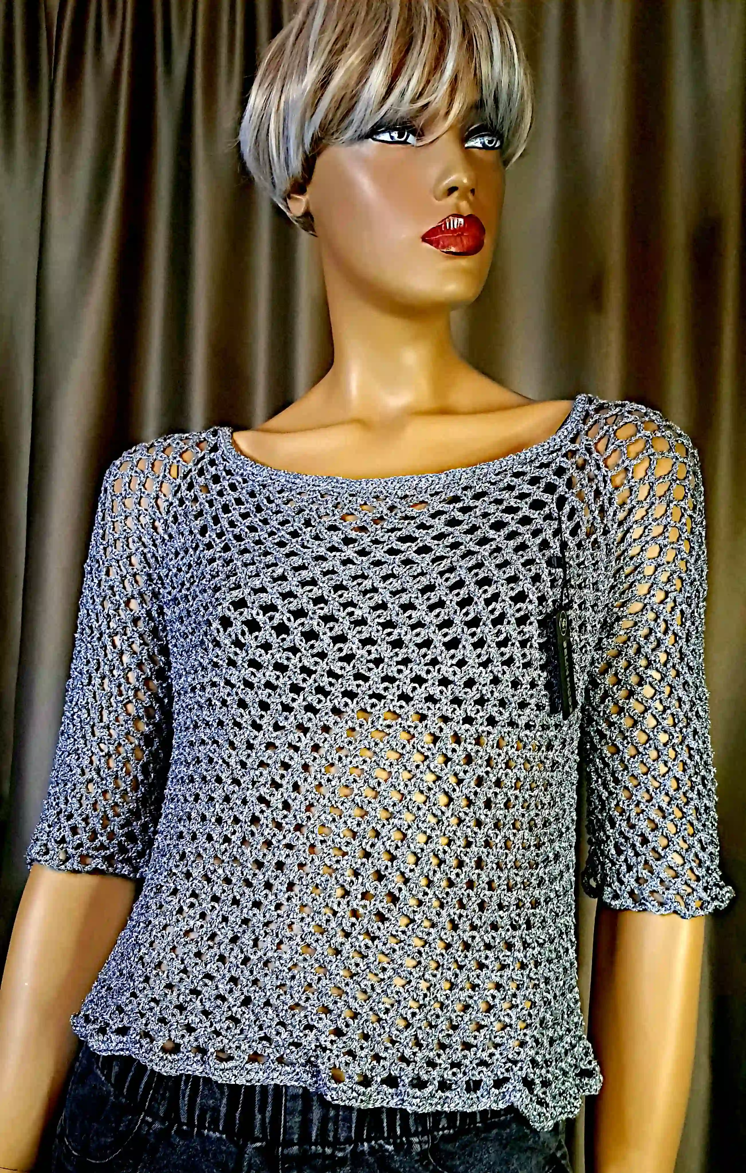 Bluză croșetată manual cu model aerisit și mâneci trei sferturi – SM 19 B – Selin Mode [2]