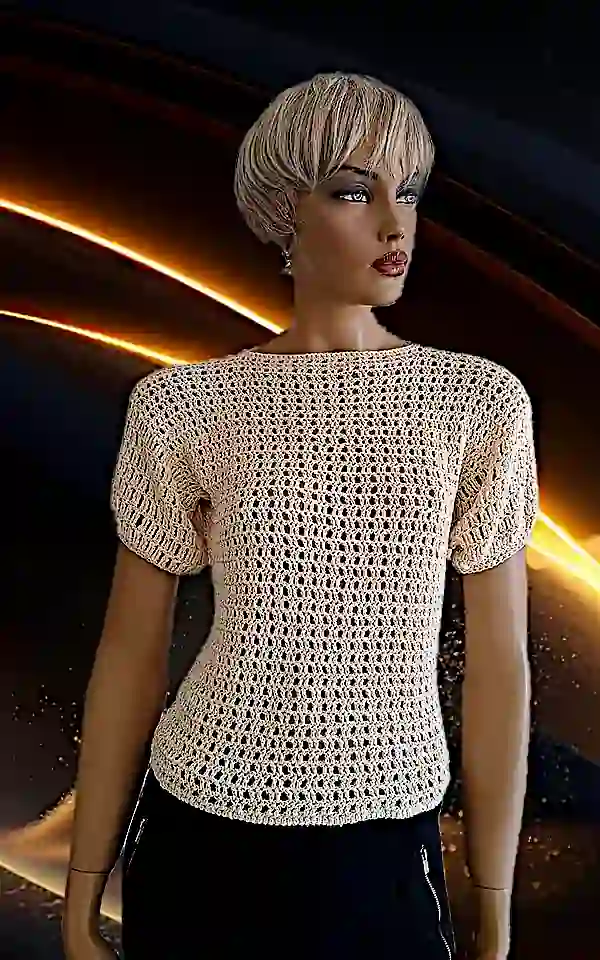 Bluză Croșetată Manual Bej, Model Aerat cu Mâneci Bufante – SM 28 B [2]