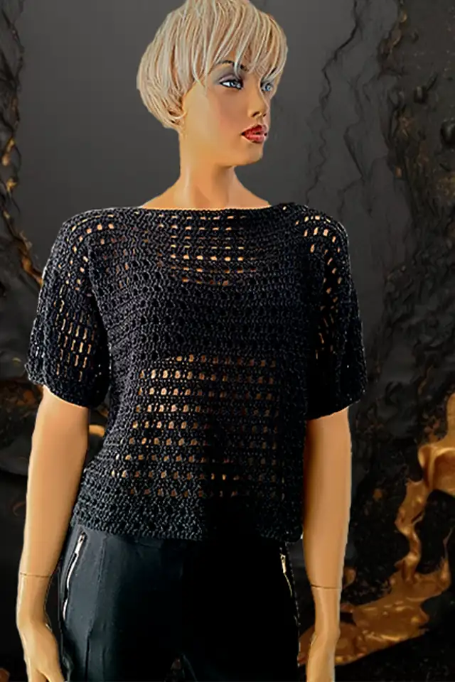 Bluză croșetată manual, model aerat din ochiuri mari, culoare negru – SM 30 B [2]