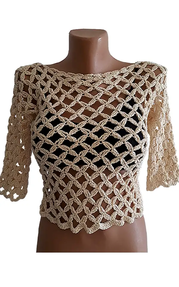 Bluză Croșetată Manual Bej, Model Tip Plasă cu Mâneci Trei Sferturi – SM 34 B [1]