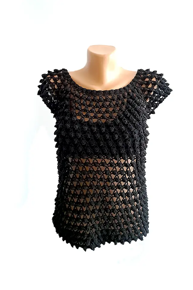 Bluză Croșetată Manual Neagră, Model 3D Tip Plasă cu Ochiuri Reliefate – SM 38 B [1]