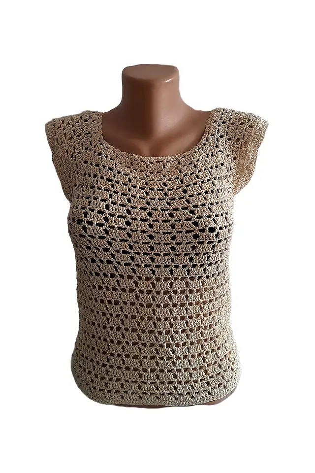 Bluză Croșetată Manual Bej, Model Texturat cu Mâneci Cap-Sleeve – SM 40 B [1]