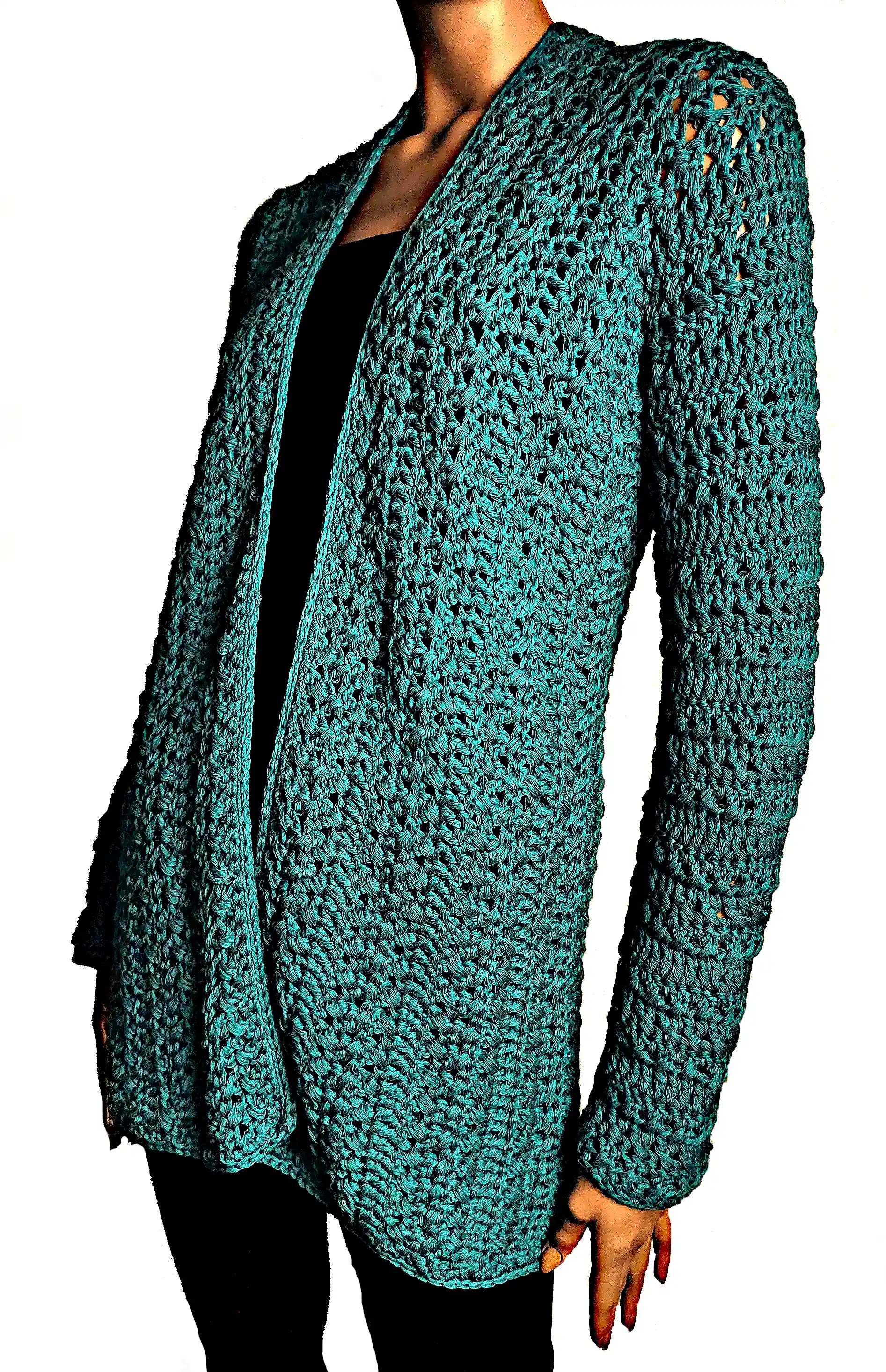 Cardigan Croșetat Manual Verde Smarald, Model Texturat cu Mâneci Lungi – SM 76 B [2]