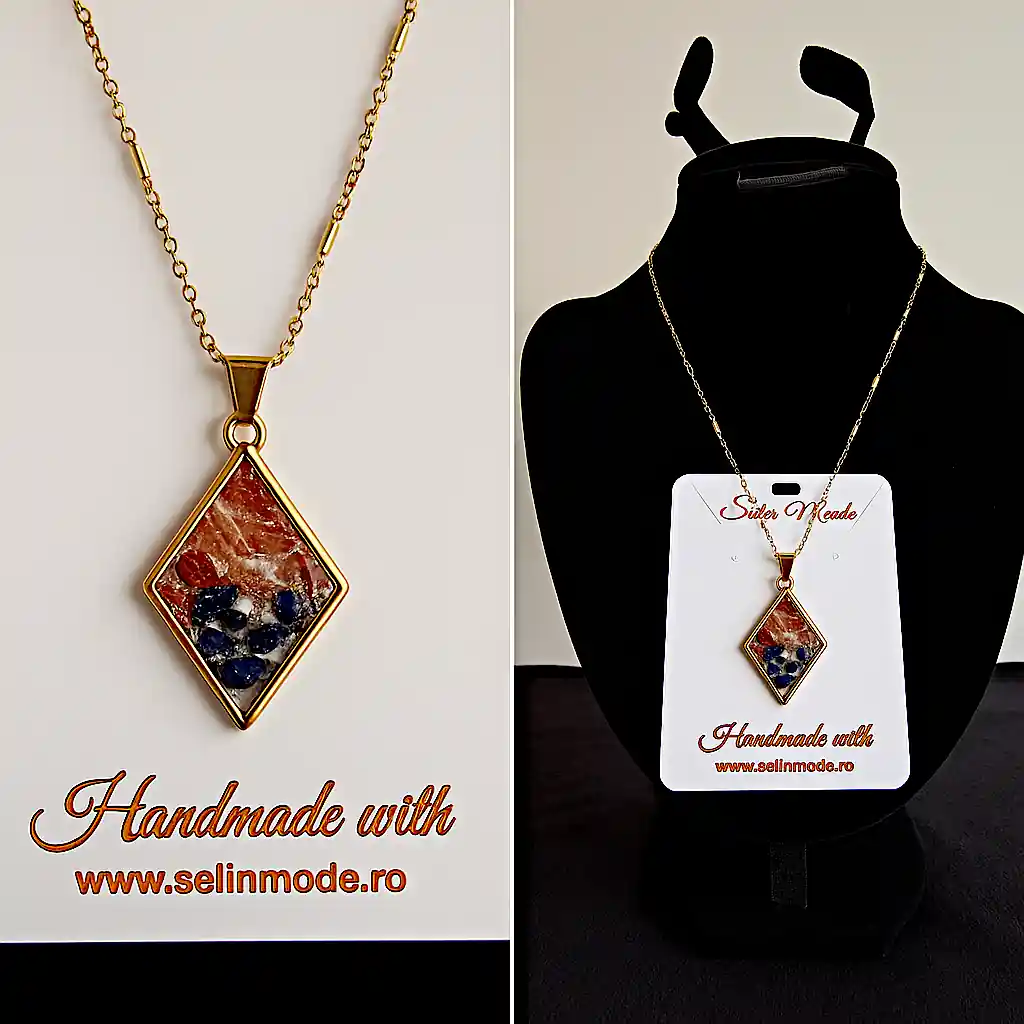 Pandantiv Rhombic cu Jasp Roșu și Lapis Lazuli – SM 33 | Bijuterie Handmade Selin Mode [2]