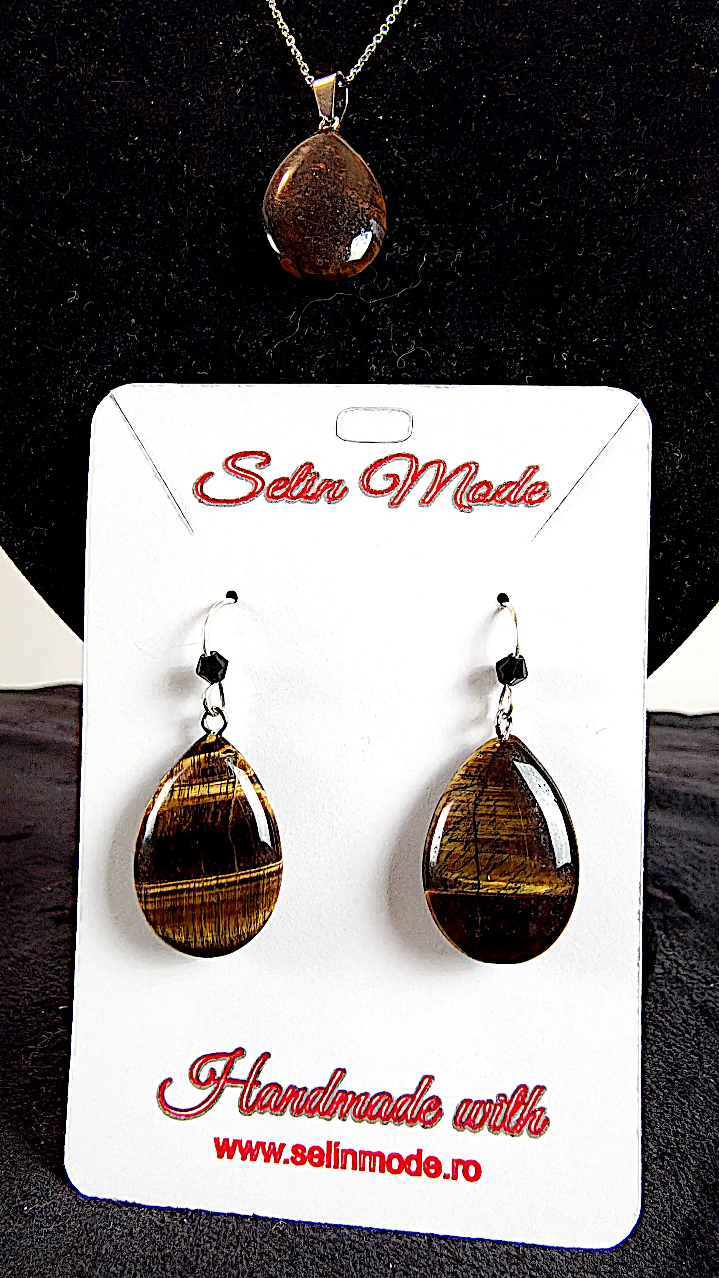 Set Handmade Cercei și Pandantiv cu Piatră Semiprețioasă Ochi de Tigru – SM 53 [1]