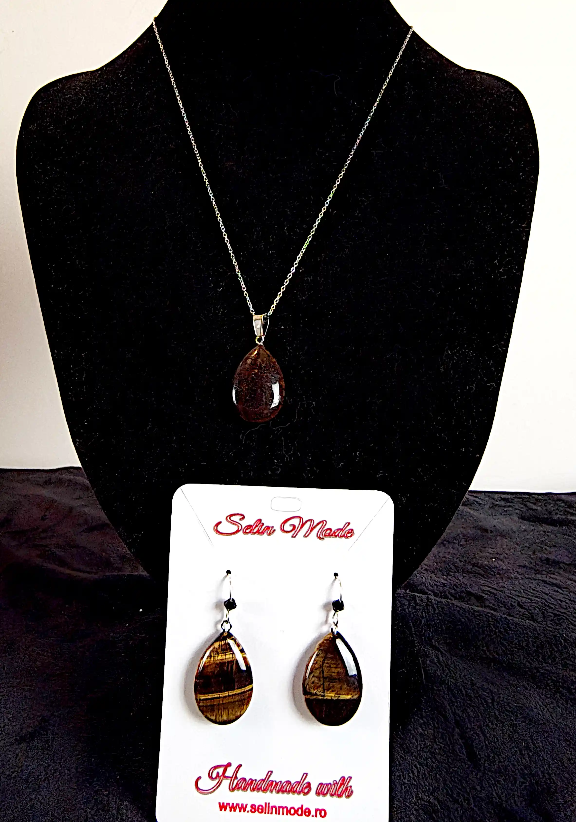 Set Handmade Cercei și Pandantiv cu Piatră Semiprețioasă Ochi de Tigru – SM 53 [3]