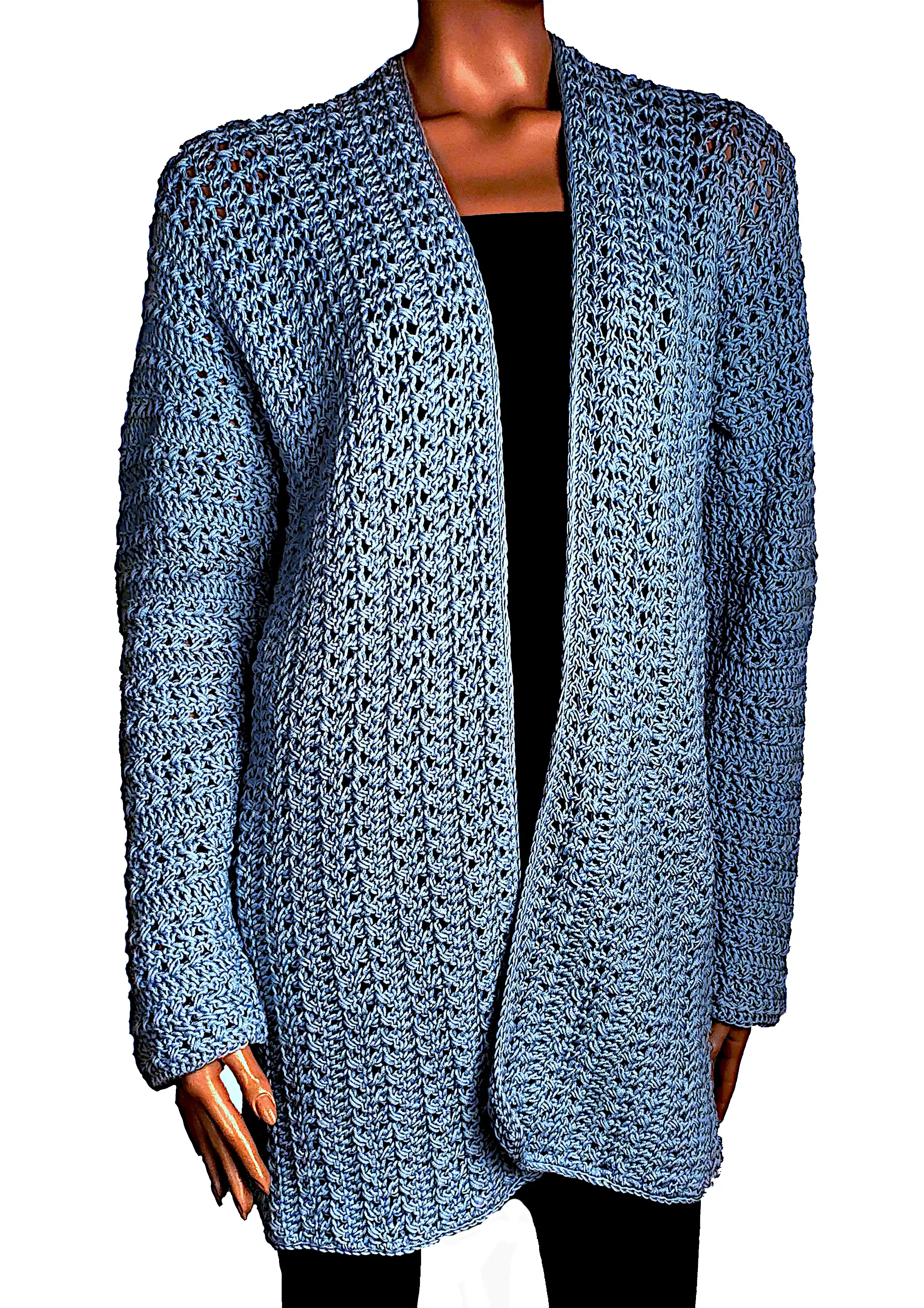 Bluze dama - Cardigan Croșetat Manual Bleu, Model Texturat cu Mâneci Lungi – SM 75 B