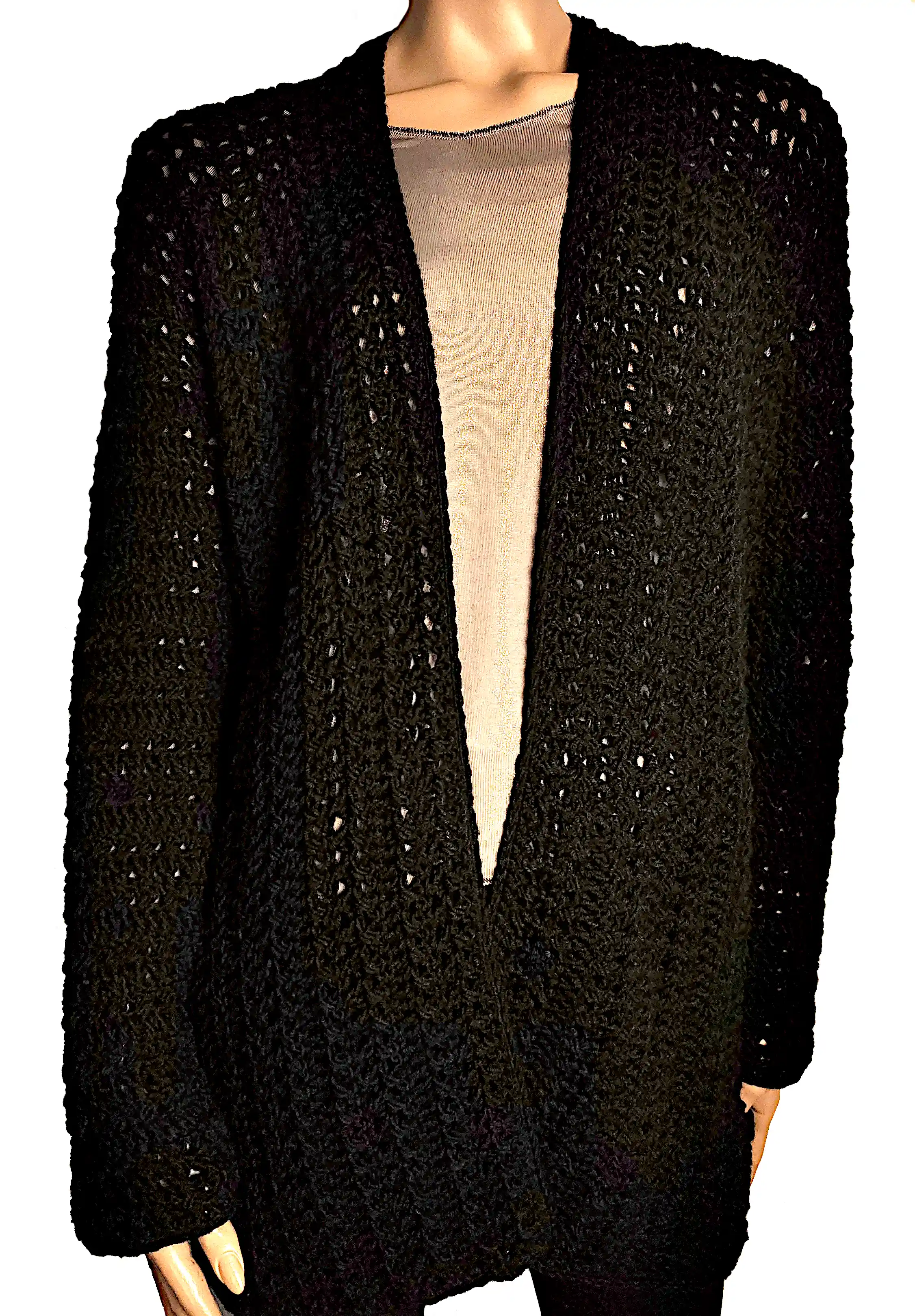 Bluze dama - Cardigan Croșetat Manual Negru, Model Texturat cu Mâneci Lungi – SM 78 B