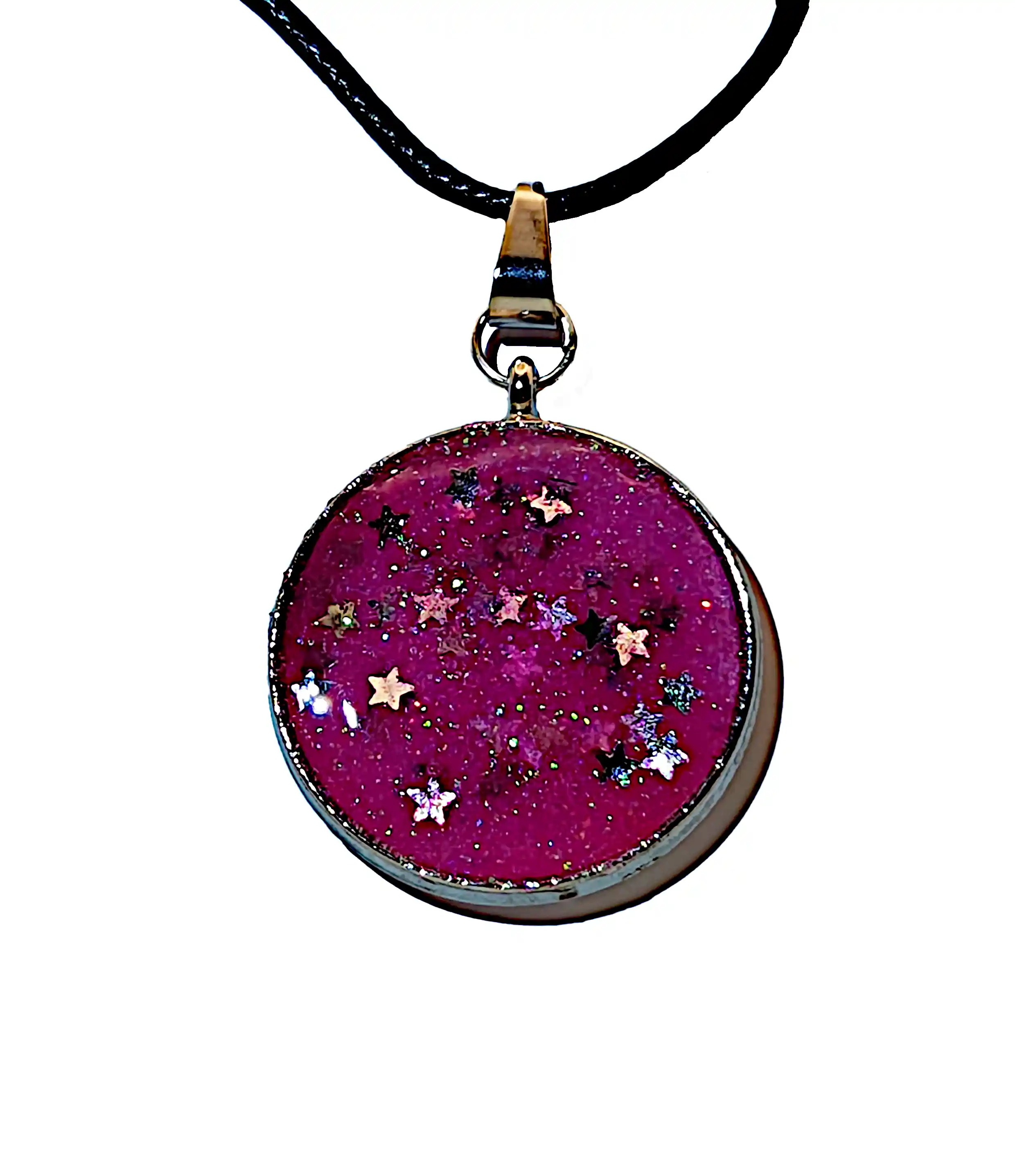 Pandantive din Rășină Epoxidică - Pandantiv Handmade din Rășină – Mov Fuchsia cu Stele Irizate și Textură Galaxie – Model Unicat SM 219