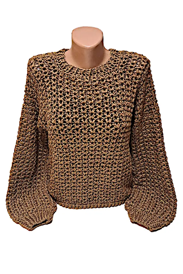 Bluze dama - Bluză croșetată manual cu mâneci lungi, model texturat, culoare maro – SM 27 B