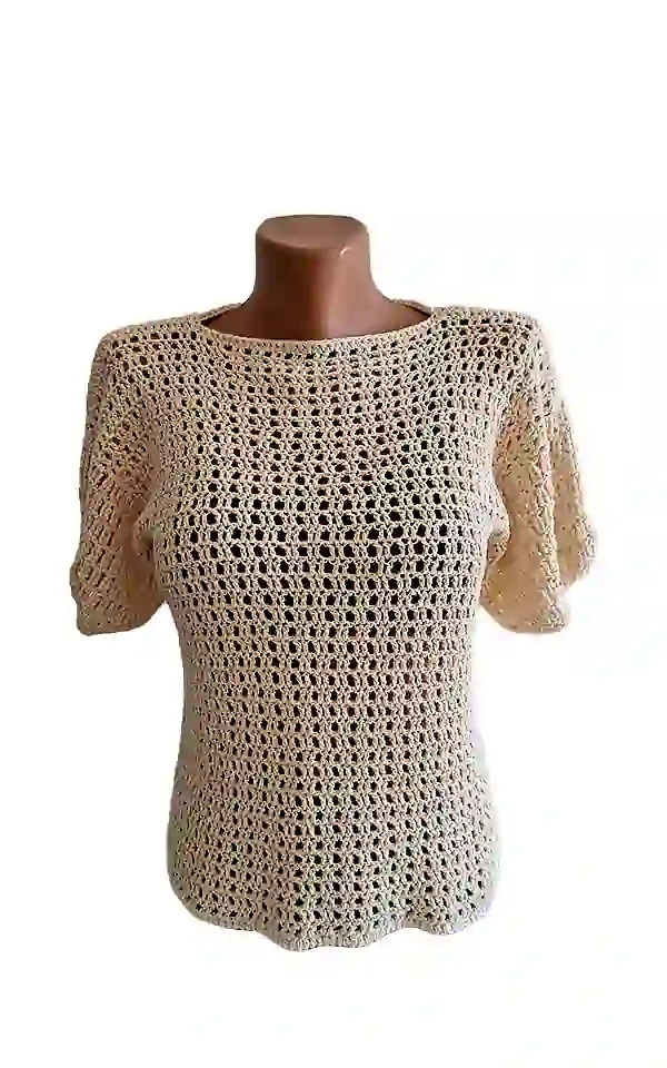 Bluze dama - Bluză Croșetată Manual Bej, Model Aerat cu Mâneci Bufante – SM 28 B