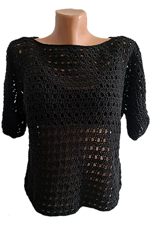 Bluze dama - Bluză croșetată manual, model aerat din ochiuri mari, culoare negru – SM 30 B
