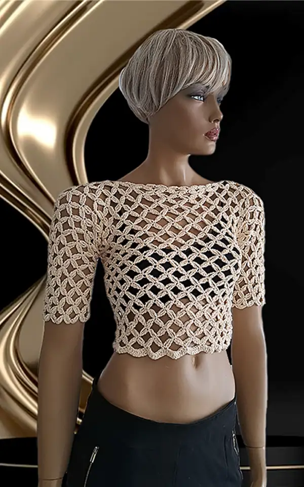 Bluză Croșetată Manual Bej, Model Tip Plasă cu Mâneci Trei Sferturi – SM 34 B [1]