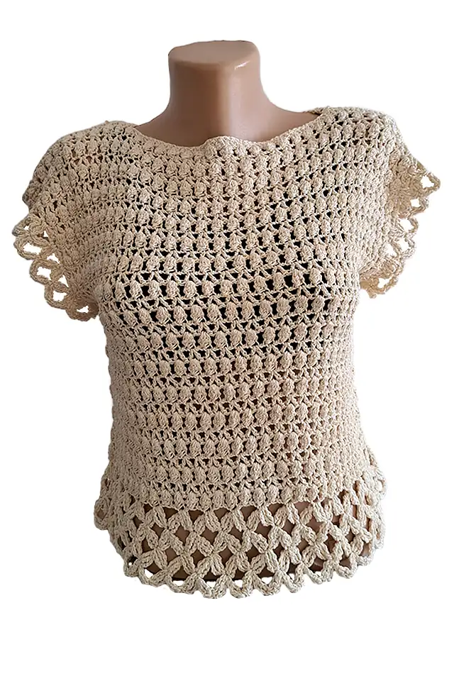 Bluze dama - Bluză Croșetată Manual Bej, Model Texturat cu Bază Tip Plasă – SM 35 B