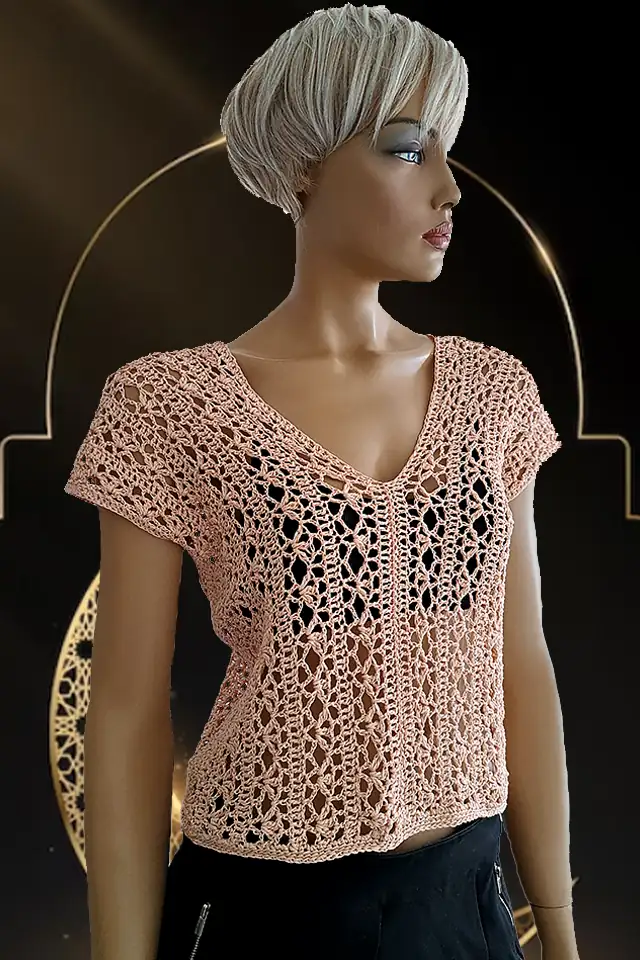 Bluză Croșetată Manual roz, Model Aerat Floral cu Guler în V – SM 37 B [1]