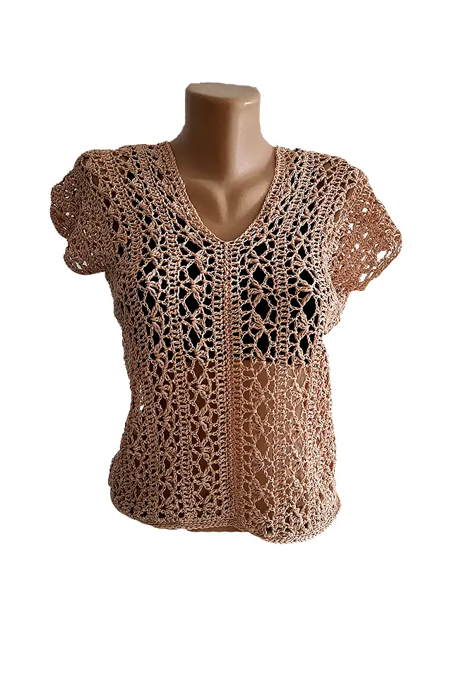 Bluze dama - Bluză Croșetată Manual roz, Model Aerat Floral cu Guler în V – SM 37 B