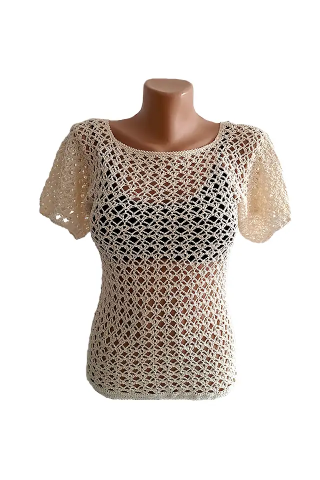 Bluze dama - Bluză Croșetată Manual Bej, Model Aerat cu Mâneci Scurte – SM 39 B