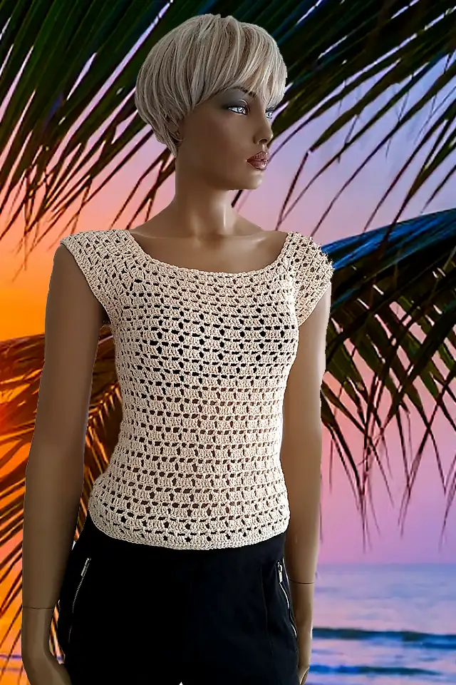 Bluză Croșetată Manual Bej, Model Texturat cu Mâneci Cap-Sleeve – SM 40 B [1]