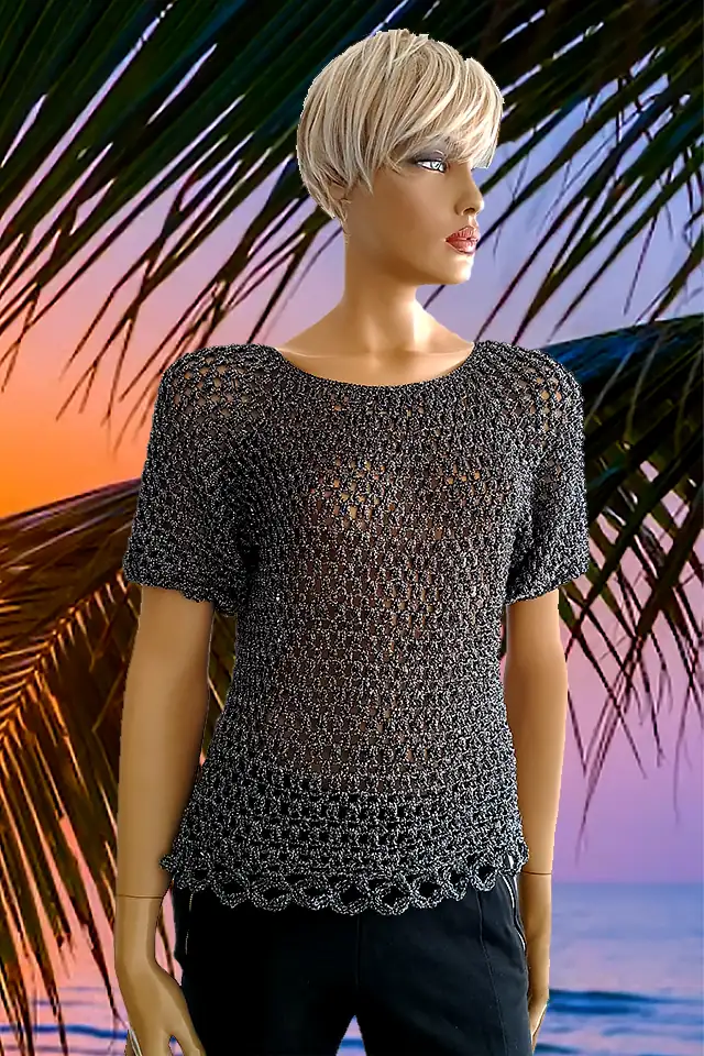 Bluză Croșetată Manual Negru-Grafit, Model Aerat cu Mâneci Scurte – SM 41 B [1]