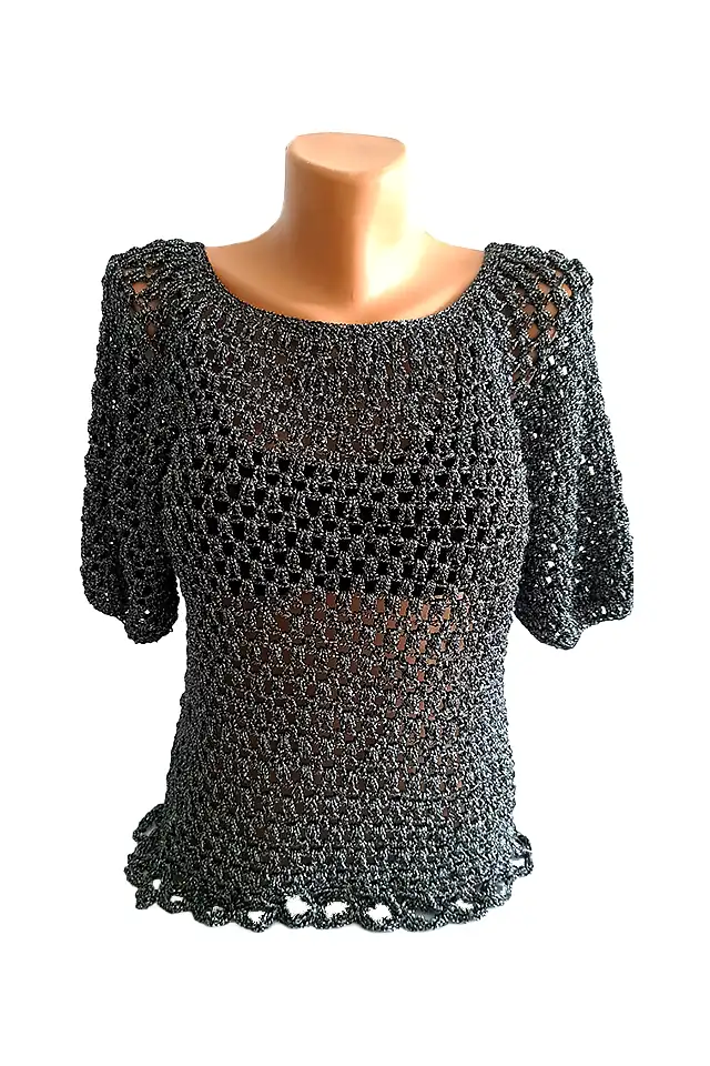 Bluze dama - Bluză Croșetată Manual Negru-Grafit, Model Aerat cu Mâneci Scurte – SM 41 B