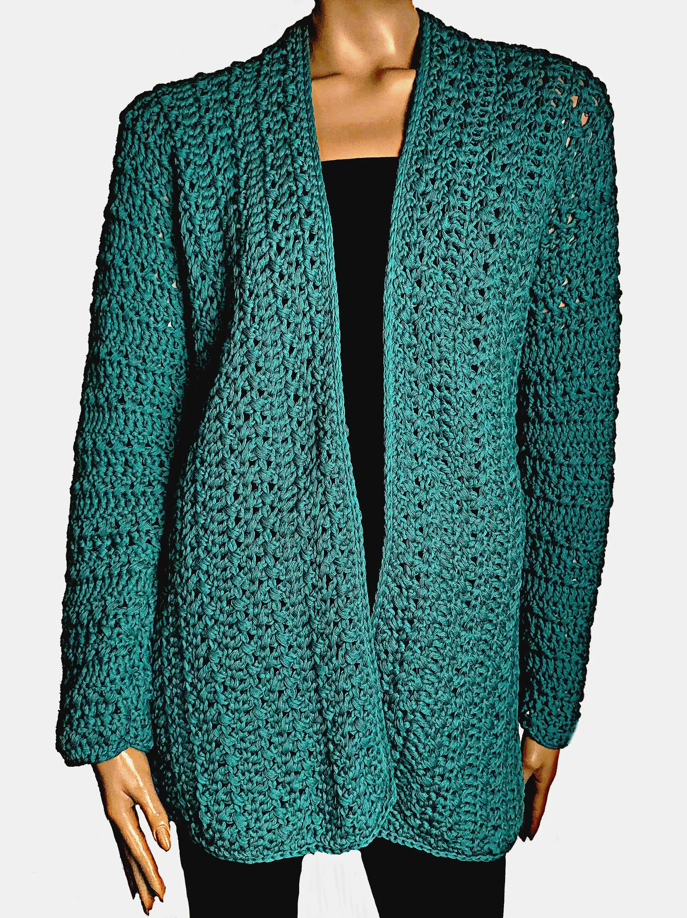 Bluze dama - Cardigan Croșetat Manual Verde Smarald, Model Texturat cu Mâneci Lungi – SM 76 B
