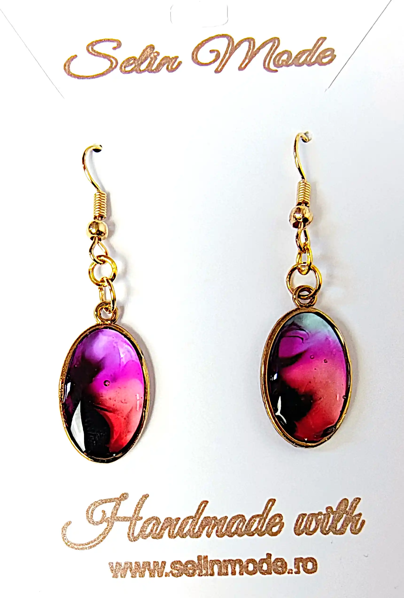 Cercei - Cercei din Rășină cu Accente Mov-Roz în Suport Auriu – Set Handmade SM165