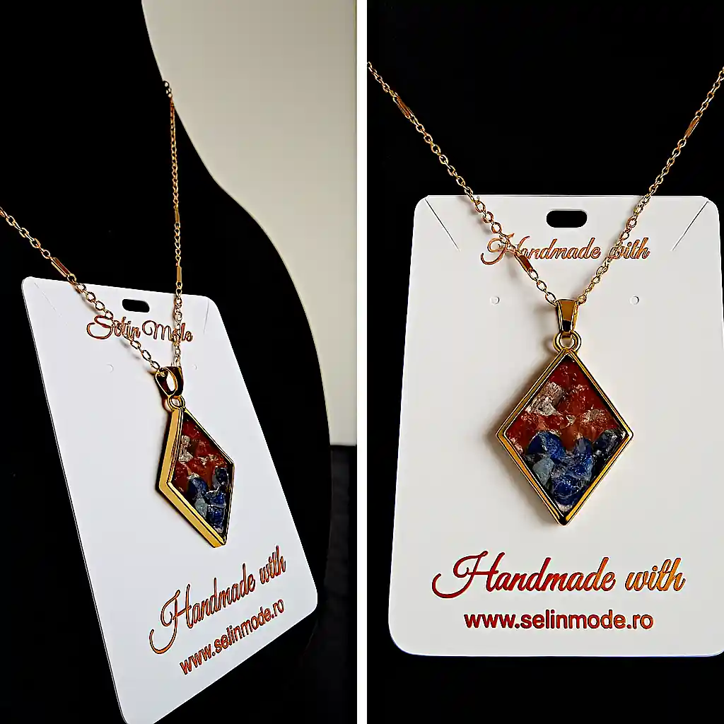 Bijuterii damă pietre semiprețioase - Pandantiv Rhombic cu Jasp Roșu și Lapis Lazuli – SM 33 | Bijuterie Handmade Selin Mode