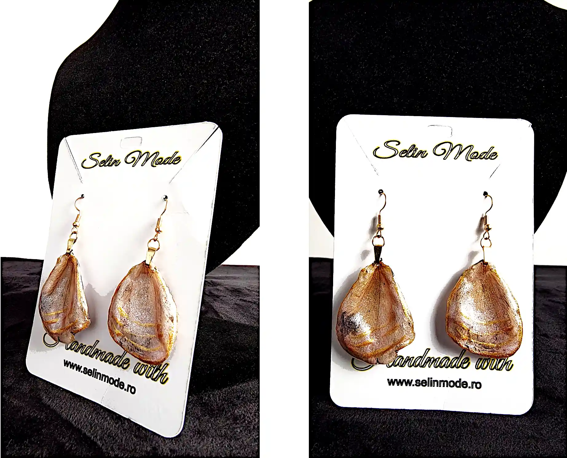 Set Handmade Cercei și Pandantiv din Petale Naturale de Trandafir cu Reflexii Aurii – SM 75 [1]