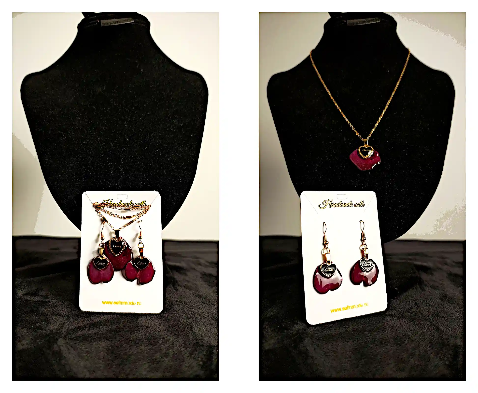 Flori Naturale - Set Handmade Cercei și Pandantiv din Petale Naturale de Trandafir Roșu cu Inimioare Aurii – SM 79