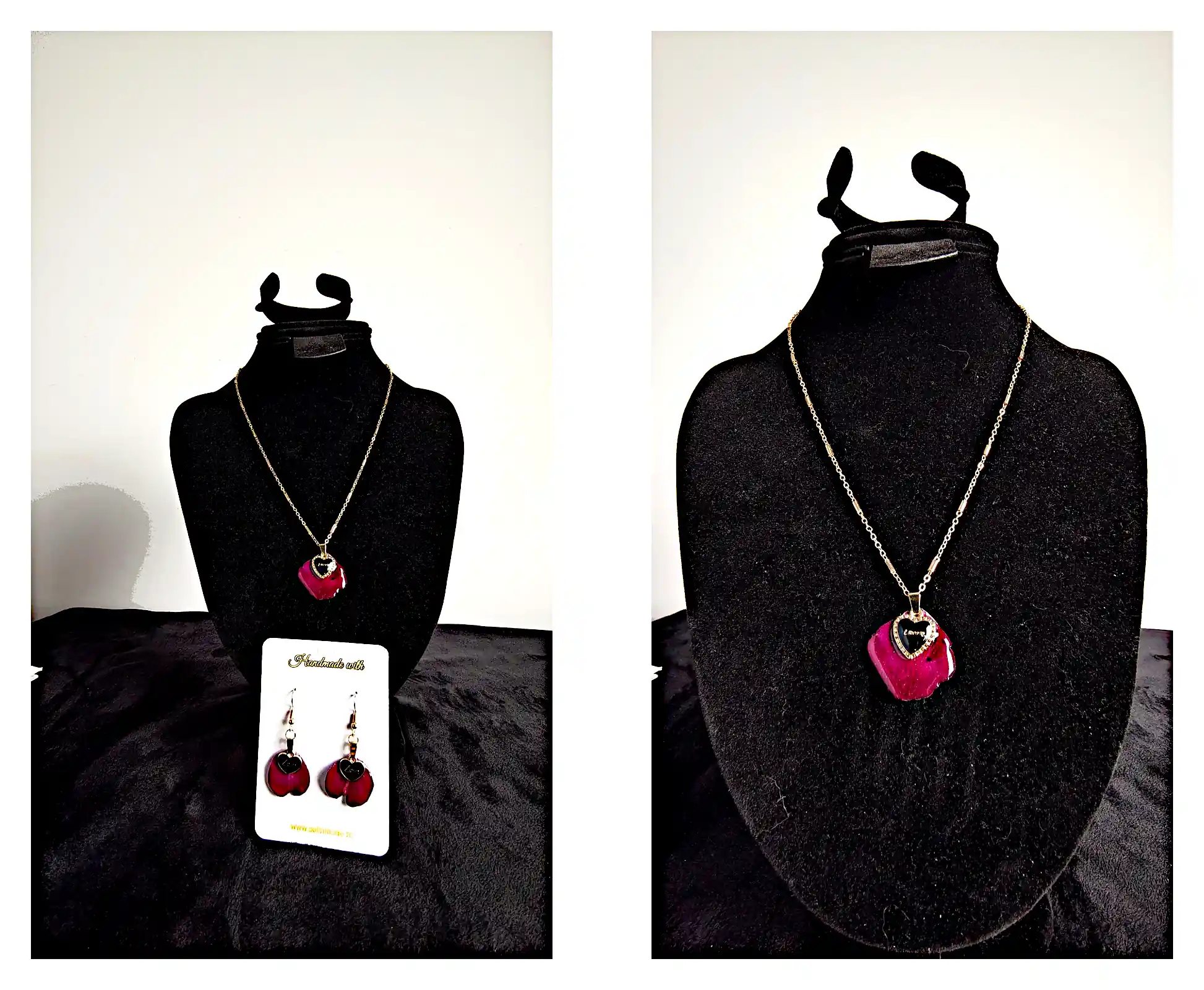 Set Handmade Cercei și Pandantiv din Petale Naturale de Trandafir Roșu cu Inimioare Aurii – SM 79 [1]