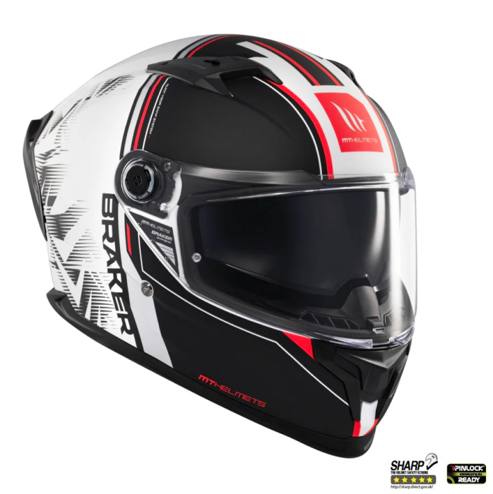 Casca integrala MT Braker SV Charm A1 alb/negru mat (ochelari soare integrati) – tip viziera: MT-V-28B – DKS435 – punctaj maxim SHARP Test – 5 stele [3]