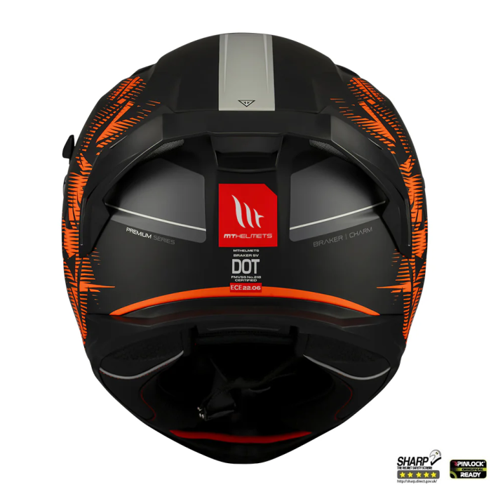Casca integrala MT Braker SV Charm B4 negru/portocaliu mat (ochelari soare integrati) – tip viziera: MT-V-28B – DKS435 – punctaj maxim SHARP Test – 5 stele [4]