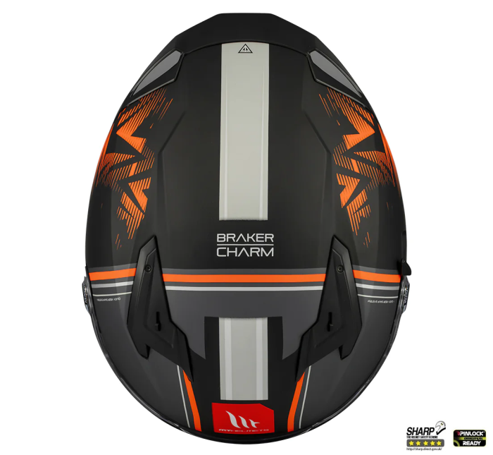 Casca integrala MT Braker SV Charm B4 negru/portocaliu mat (ochelari soare integrati) – tip viziera: MT-V-28B – DKS435 – punctaj maxim SHARP Test – 5 stele [5]