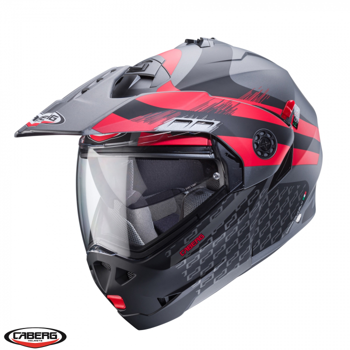 Casca modulabila (flip-up)/adventure Caberg model Tourmax X SV Sarabe L2 gun metal (titanium)/negru/rosu mat Pinlock ready – lentila Pinlock inclusa [1]