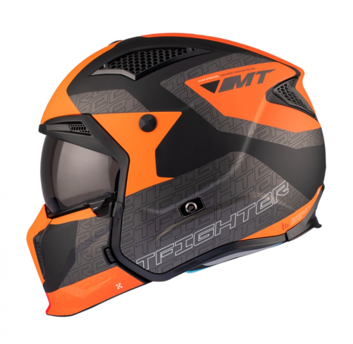 Casca MT Streetfighter Totem portocaliu mat (ochelari soare integrati) – masca (protectie) barbie si cozoroc detasabile – omologare noua ECE 22.06 [10]