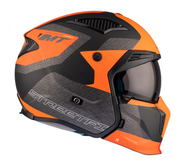Casca MT Streetfighter Totem portocaliu mat (ochelari soare integrati) – masca (protectie) barbie si cozoroc detasabile – omologare noua ECE 22.06 [14]